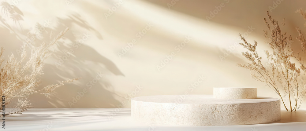A serene display featuring circular platforms and dried plants against a soft, neutral backdrop.