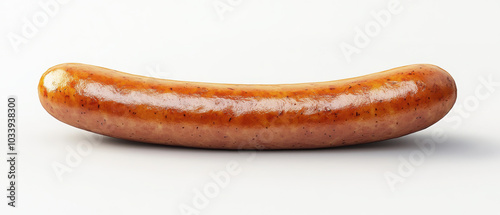 A single sausage on a white background, showcasing its smooth, shiny surface.