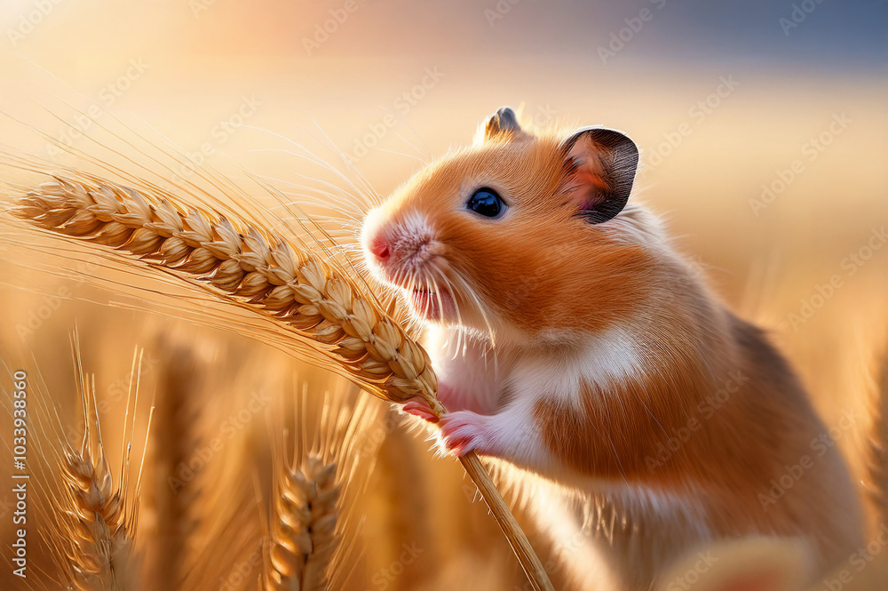 Ein Hamster holt sich die Körner aus einer Kornähre