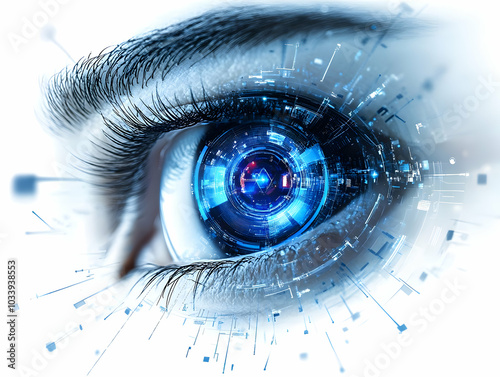 Flat Biometric Voter Iris Scan: Close-Up Eye Scan with Futuristic Voting Hologram Interface on White Background in Simple Vector Illustration photo