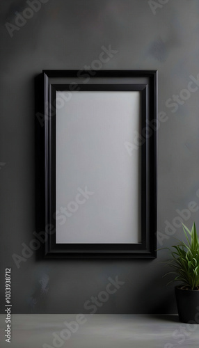 A black picture frame hanging on a dark concrete wall, creating a striking contrast that highlights the artwork inside, perfect for modern interior design.