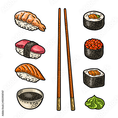 Set different types sushi with fish, caviar and shrimp. Ahi, amaebi, unagi, nigiri, ikura, tamago. Isolated on white background. Vintage color vector engraving