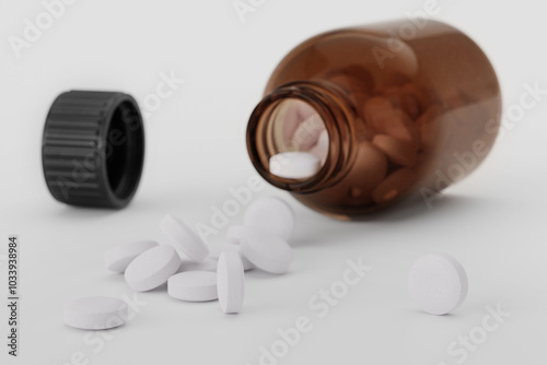 Close up of white painkiller pills spilling from a brown glass bottle. Health care and medicla clinic concept. photo