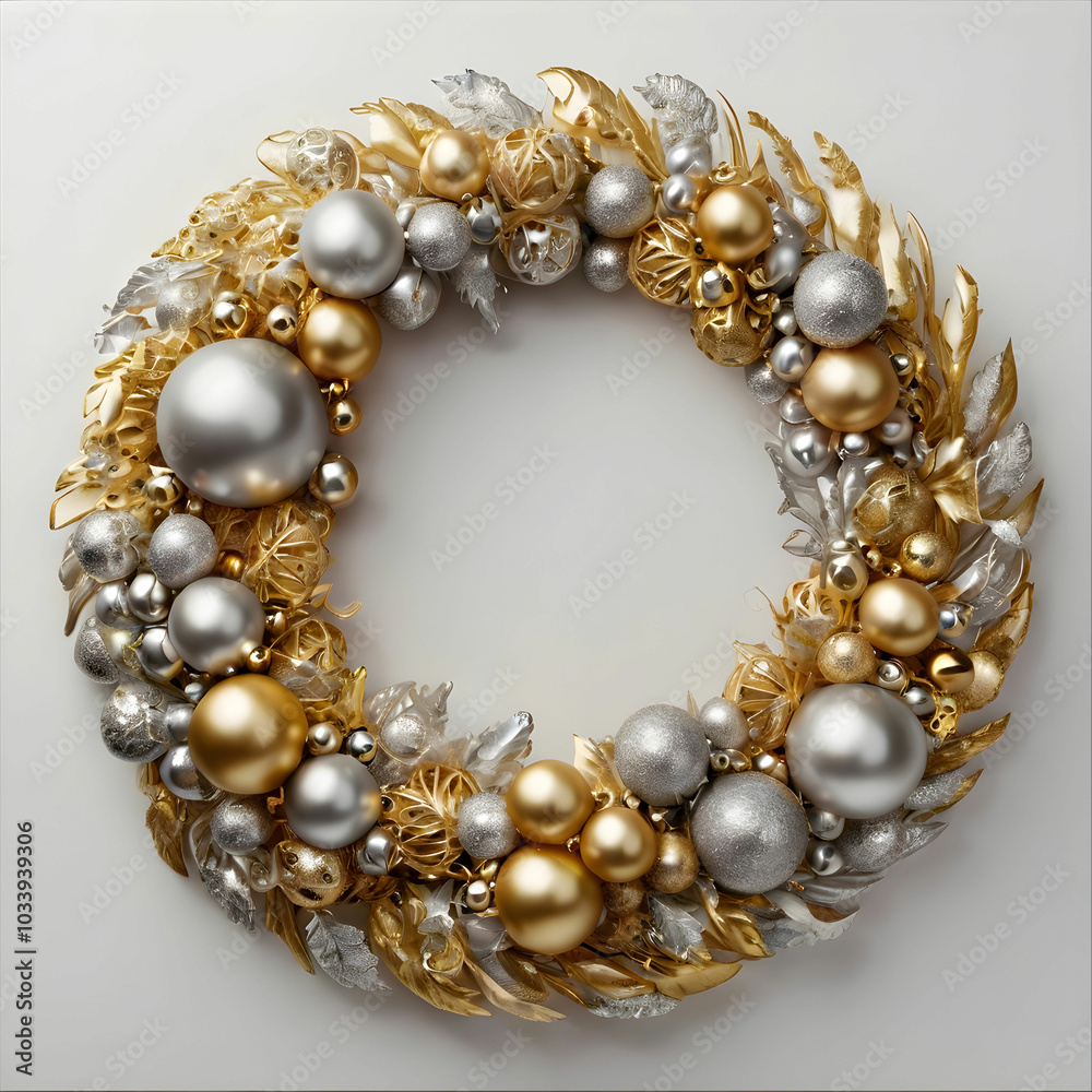 A dazzling wreath crafted from gold and silver, showcasing exquisite design and sparkling accents, A dazzling wreath crafted from gold and silver, showcasing exquisite design and sparkling accents,