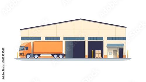 Vector flat illustration of warehouse with truck loading, white background