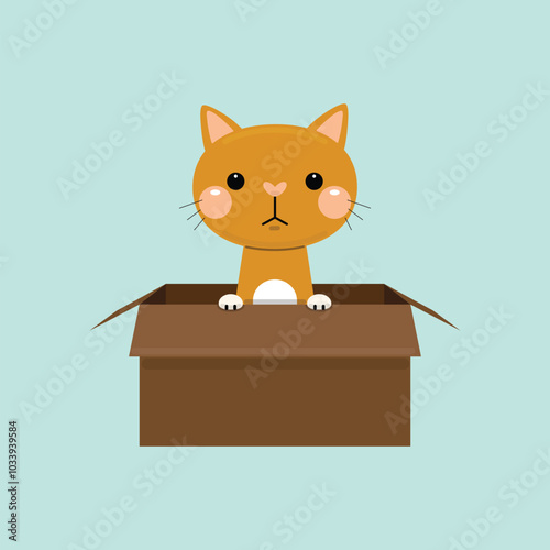 Cute cat in box. Adopt homeless pet. Vector illustration.