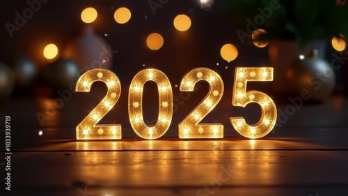 Glowing numbers 2025 illuminated with warm festive lights, set against a dark blurred background with bokeh effects, creating a cozy holiday atmosphere