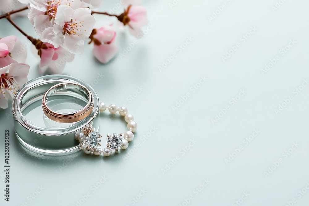 Wedding rings resting on a glass jewelry box, filled with tiny flowers and surrounded by a pair of delicate crystal earrings and a string of pearls, reflecting soft pastel colors Wedding rings resting on a glass jewelry box, filled with tiny flowers and surrounded by a pair of delicate crystal earrings and a string of pearls, reflecting soft pastel colors