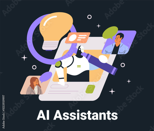 AI assistants robot interacting with users digital communication light bulb concept dark mode interface website design