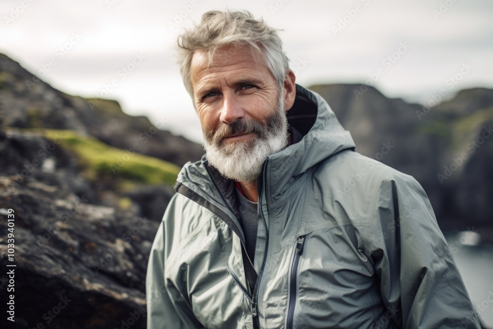 Portrait of a content man in his 60s wearing a lightweight packable anorak over rocky cliff background Portrait of a content man in his 60s wearing a lightweight packable anorak over rocky cliff background
