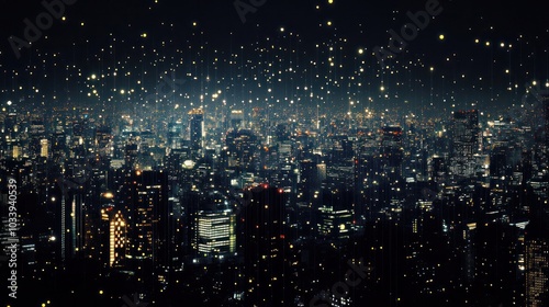 panoramic view of a city skyline at night, illuminated by thousands of techno dots representing buildings and streetlights.