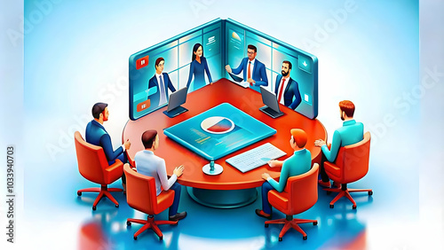 Team Members Collaborating in a Virtual Meeting with Glossy Digital Background - Focus on Remote Communication and Technology with Copy Space for Advertising