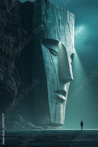 Monumental stone face illuminated by beams of light in a surreal landscape, exploring mystery and awe, perfect for fantasy and adventure themes