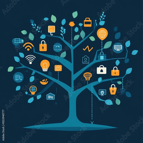 Codingbased large object, connected network, secure checkout, wellness emphasis, environmental protection icons, flat design illustration photo