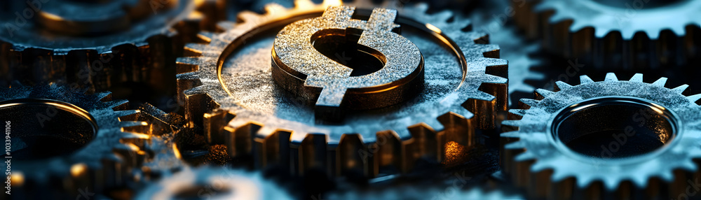 Close-Up of Glossy Interlocking Gears with Dollar Symbol at Center - Financial Mechanisms with Generous Copy Space on Light Background Close-Up of Glossy Interlocking Gears with Dollar Symbol at Center - Financial Mechanisms with Generous Copy Space on Light Background
