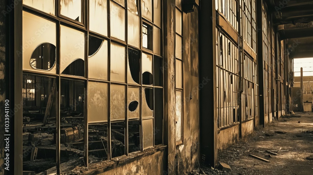 Abandoned factories with broken windows and rusting doors, Realism, sepia filter, gritty details, capturing economic decline