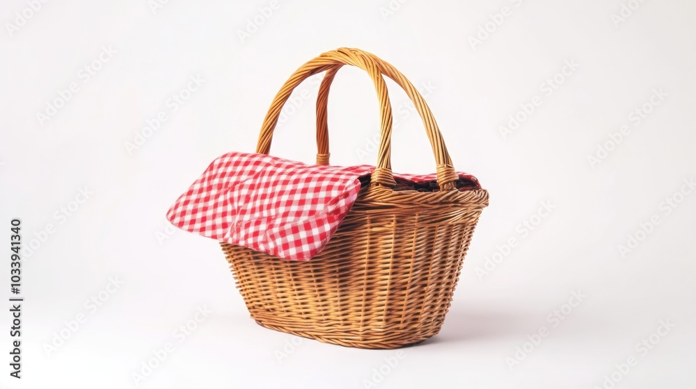 Wicker Picnic Basket with Red Checkered Cloth Wicker Picnic Basket with Red Checkered Cloth