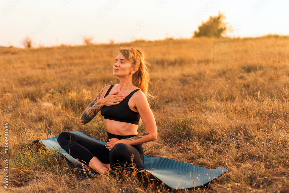 Woman Doing Breathing Exercises on Yoga Mat Outdoors