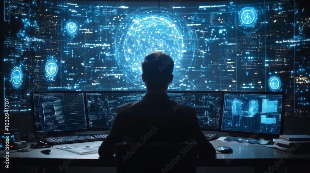 Tech Operator in Futuristic Control Room Tech Operator in Futuristic Control Room