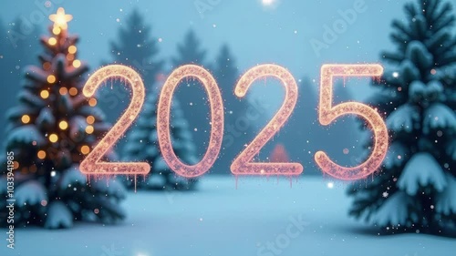 Frosty glowing numbers 2025 in a snowy winter landscape with decorated Christmas trees and bokeh lights in the background