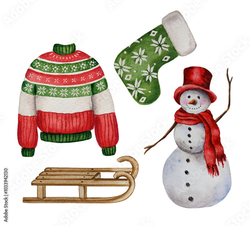 Watercolor winter set of Christmas ugly sweater, Christmas sock, wooden sledge and snowman in red hat and scarf.