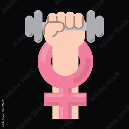 Women resist symbol. Feminism symbol with female fist raised up with dumbbell. Girl Power concept. Vector illustration.