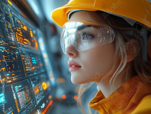 Female engineer in safety gear examines holographic data interface. Cyberpunk-inspired industrial scene with vibrant colors