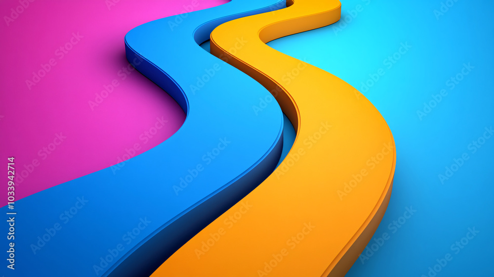 Two curved 3D paths in blue and yellow on a pink and blue background Two curved 3D paths in blue and yellow on a pink and blue background