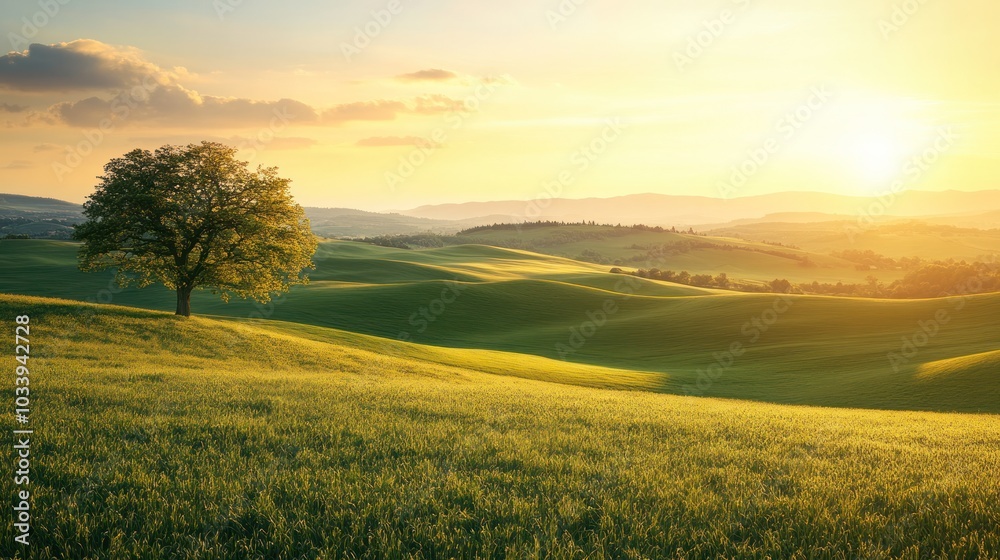 Obraz premium serene landscape view of a vast meadow stretching towards the horizon, with rolling hills in the distance