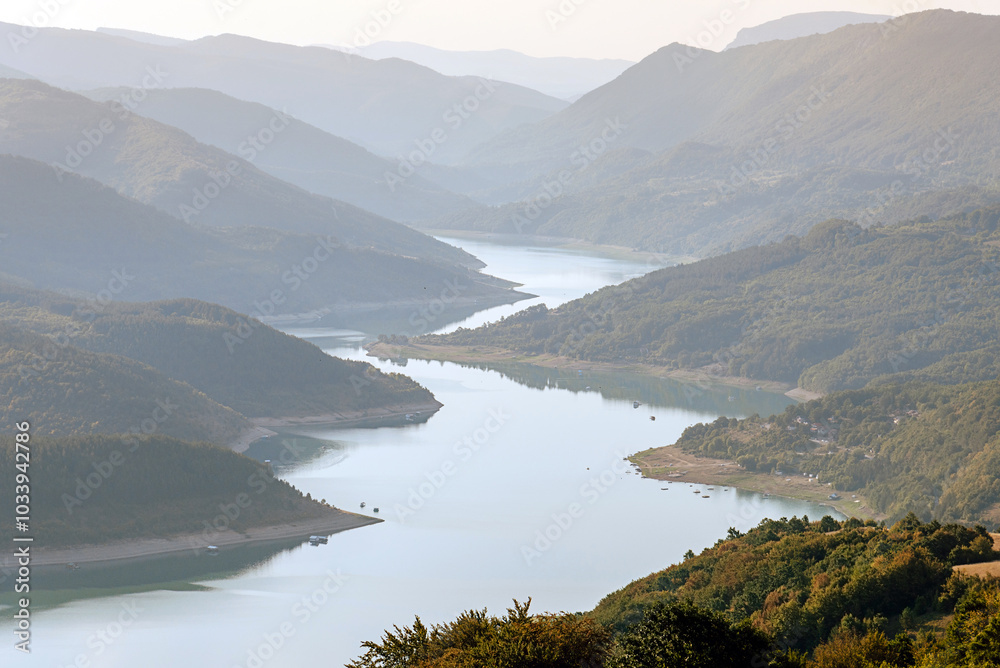 Mountains and Meanders of Zavoj Lake Closeup View