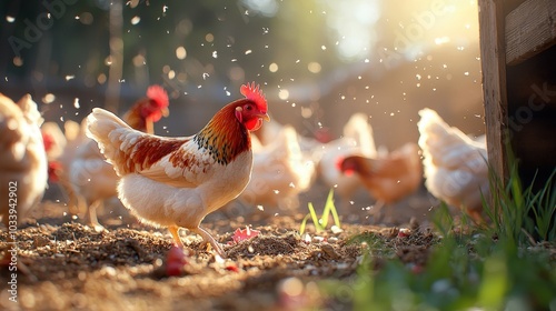 A vibrant rooster walks through a sunlit farmyard, surrounded by hens, showcasing the beauty of rural life and the charm of nature creatures.