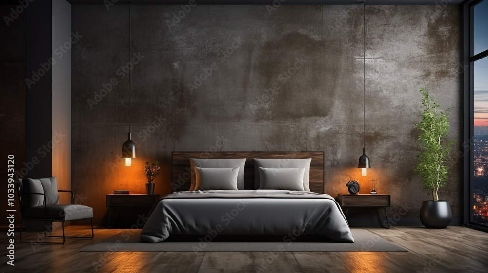 Modern Bedroom Interior Design with Concrete Wall Modern Bedroom Interior Design with Concrete Wall