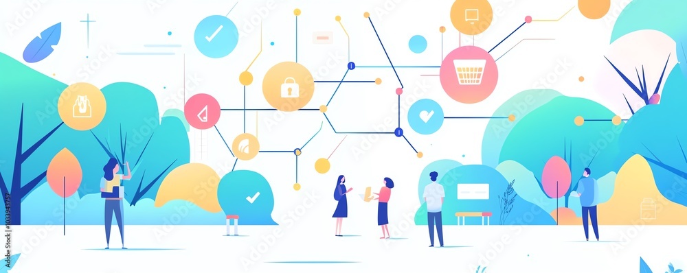 Large coding object, network structure, secure checkout and wellness, environmental protection integrated, flat design illustration Large coding object, network structure, secure checkout and wellness, environmental protection integrated, flat design illustration