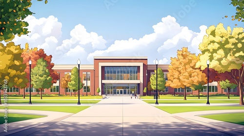 Flat vector illustration of the front view exterior of an American high school building, with simple flat colors on a white background