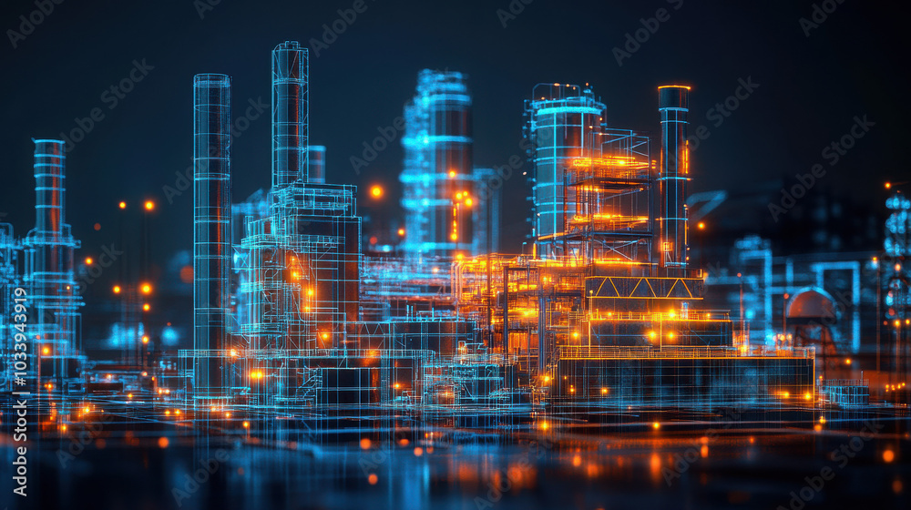 Futuristic industrial landscape with glowing structures and digital elements. Futuristic industrial landscape with glowing structures and digital elements.