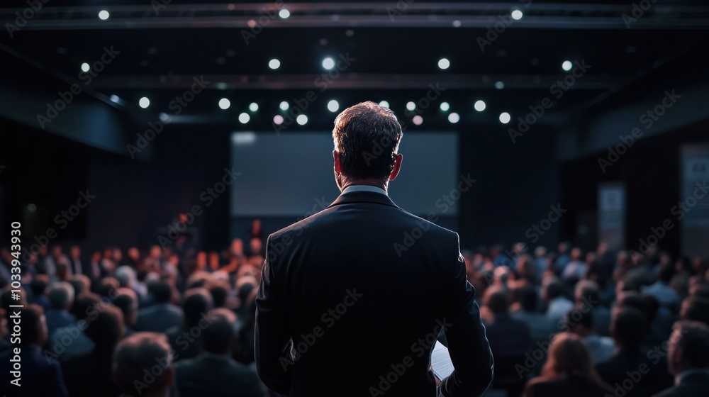 successful businessman standing confidently in front of a large audience at a corporate event, successful businessman standing confidently in front of a large audience at a corporate event,