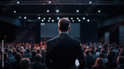 successful businessman standing confidently in front of a large audience at a corporate event,