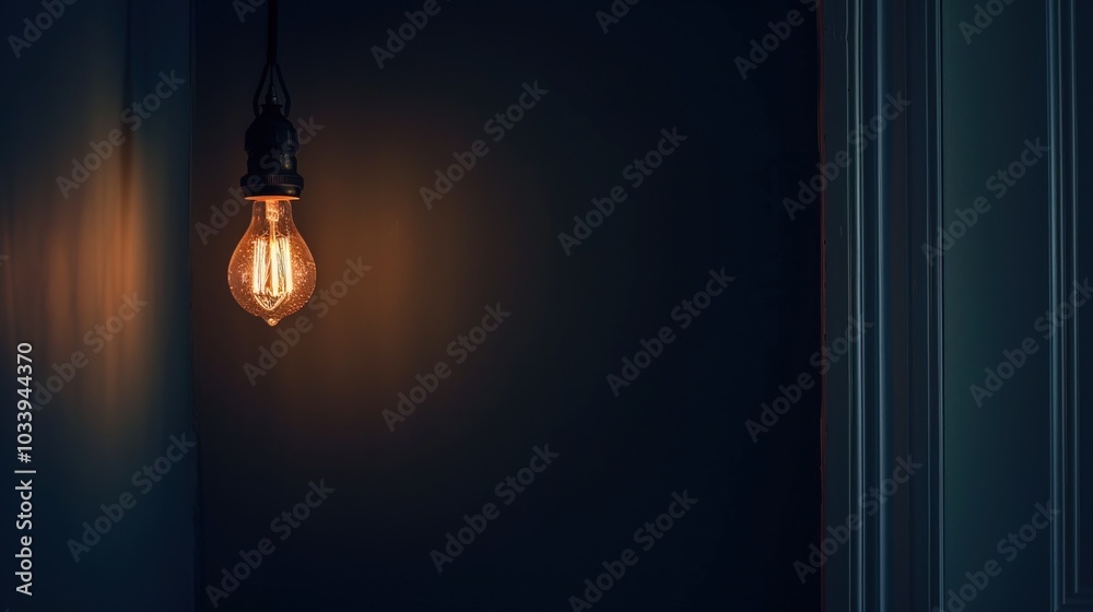 Dark empty room with single flickering light bulb casting long shadows, emphasizing absence of power and eerie atmosphere, minimalist setting with focus on light bulb's glow.