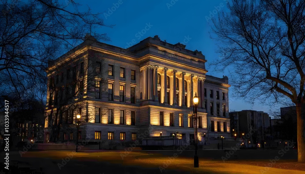 A Grand, Ornate Building at Night, Illuminated with Warm Lights A Grand, Ornate Building at Night, Illuminated with Warm Lights