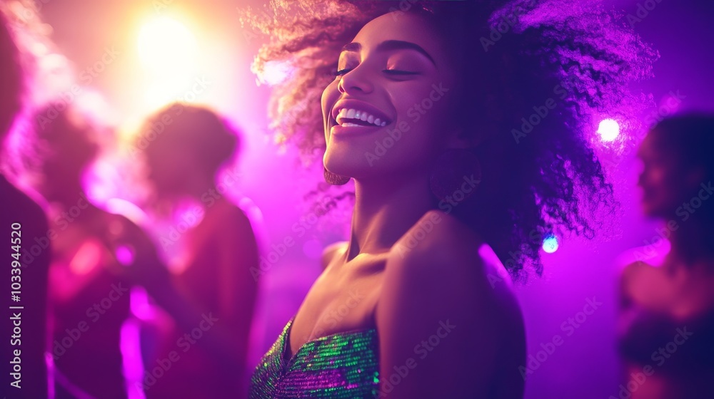 A colorful and vibrant dance scene featuring multicultural friends, with dynamic lighting and a purple backdrop, softly illuminated to showcase the lively atmosphere. A colorful and vibrant dance scene featuring multicultural friends, with dynamic lighting and a purple backdrop, softly illuminated to showcase the lively atmosphere.
