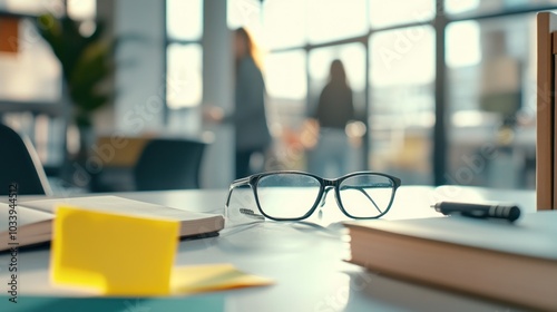 Office Workspace with Glasses and Notebook