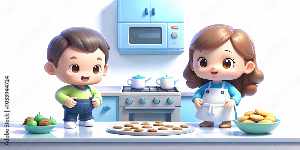 Heartwarming Family Baking Cookies Together in a Glossy White Kitchen - A Clean and Warm Scene with Text Space for Photo Stock Concept Heartwarming Family Baking Cookies Together in a Glossy White Kitchen - A Clean and Warm Scene with Text Space for Photo Stock Concept