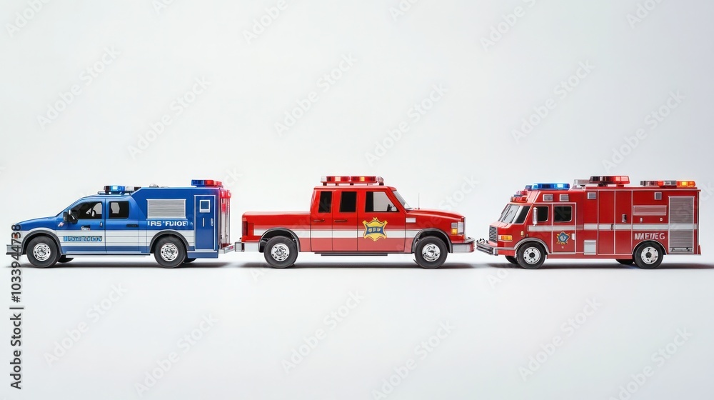 Fototapeta premium vibrant composition featuring a police car, fire truck,