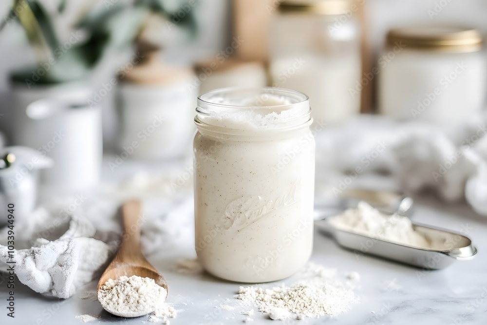 A jar of sourdough starter with a wooden spoon and some flour on the counter, with measuring cups and a few baking ingredients scattered around with copy space. A jar of sourdough starter with a wooden spoon and some flour on the counter, with measuring cups and a few baking ingredients scattered around with copy space.