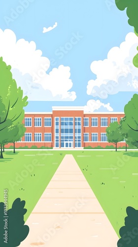 Flat vector illustration of the front view exterior of an American high school building, with simple flat colors on a white background