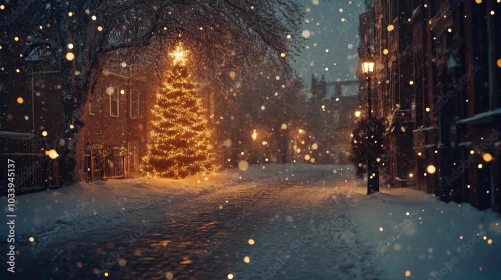 A beautifully lit Christmas tree, reflecting golden light on snow-covered streets during a peaceful snowfall A beautifully lit Christmas tree, reflecting golden light on snow-covered streets during a peaceful snowfall
