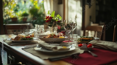 A beautifully set dining table with a delicious meal, capturing the essence of family gatherings on Fathera??s Day photo