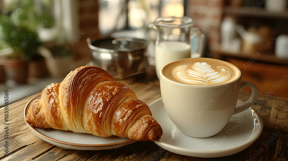 A Person Holding Two Coffee Cups and One Croissant on a Tray, Capturing a Cozy Morning Vibe with a Minimalist Breakfast Setting Perfect for Cafés and Brunch Scenes
