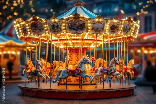 Beautifully decorated carousel with colorful horses and lights, with movement of the carousel and a festive atmosphere