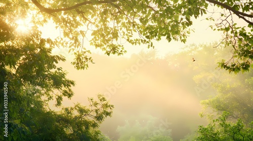 The image shows a bright sun shining through the leaves of a tree with a hazy background.